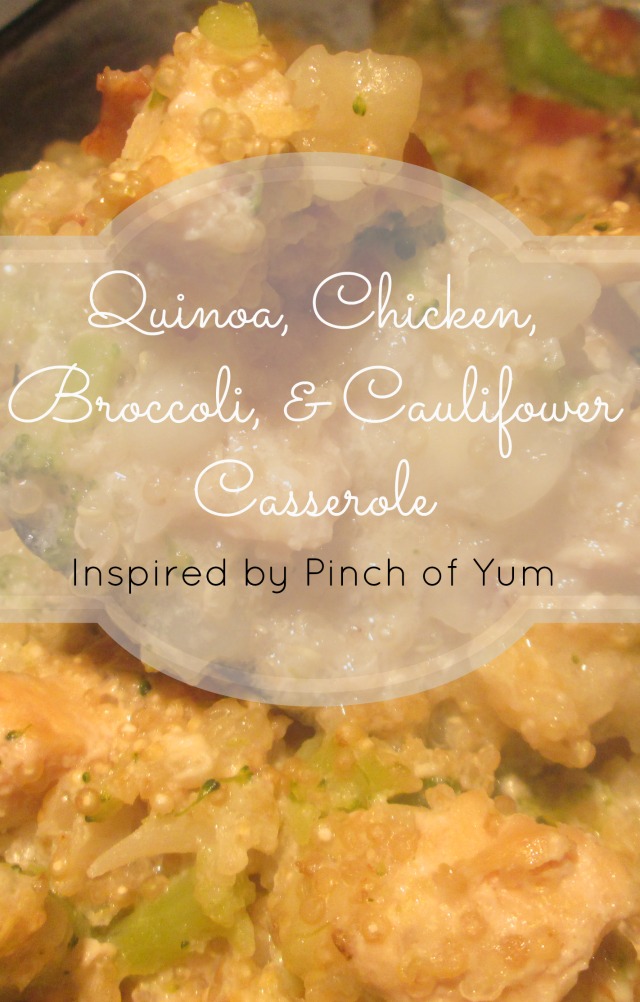 Delicious and good for you too, a hearty quinoa, chicken, broccoli and cauliflower casserole